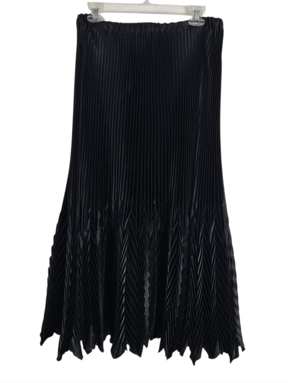 Cachet Vintage Pleated Black Pull On Maxi Skirt L Crinkle Zig Zag Hem Gothic